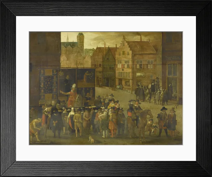 Framed Print : The Quack, by Anonymous, c. 1619-25, Dutch painting, oil on panel. In a town square a quack, mounted on a horse before advertising screens, hawks his medicines