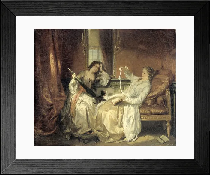 Framed Print : The Conversation, by David Bles, c. 1870-90, Dutch painting, oil on panel. Two relaxed young women conversing in a salon, with ample pillows