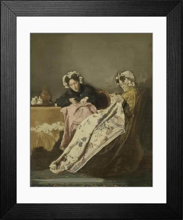 Framed Print : Two Ladies at their Sewing, Alexander Hugo Bakker Korff, c. 1860-82, Dutch painting, oil on panel. (BSLOC_2016_1_39)