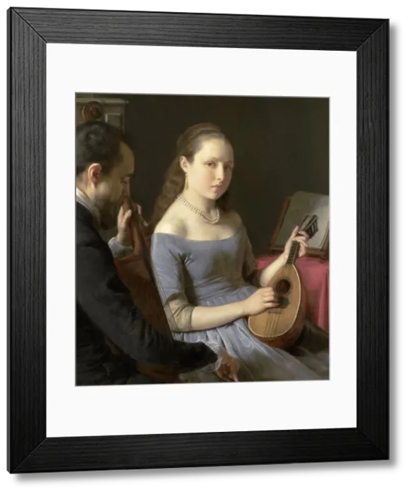 Framed Print : The Duet, by Charles van Beveren, 1830-50, Dutch painting, oil on panel. A young woman plays a lute with a man on a cello (BSLOC_2016_2_91) Framed Print : The Duet, by Charles van Beveren, 1830-50, Dutch painting, oil on panel. A young woman plays a lute with a man on a cello (BSLOC_2016_2_91)