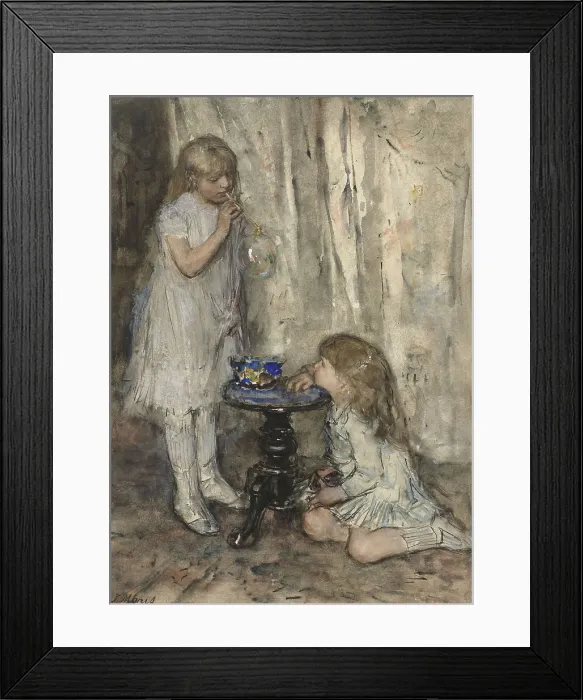 Framed Print : Two Girls Blowing Bubbles, by Jacob Maris, c. 1880, Dutch watercolor painting Framed Print : Two Girls Blowing Bubbles, by Jacob Maris, c. 1880, Dutch watercolor painting