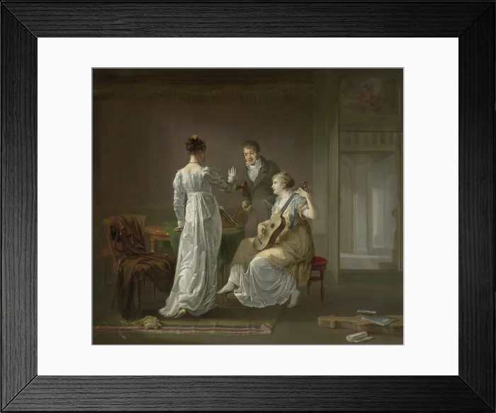 Framed Print : The Music Lesson, by Louis Moritz, 1808, Dutch painting, oil on panel. The women are practicing a duet for guitar and voice directed by their music teacher