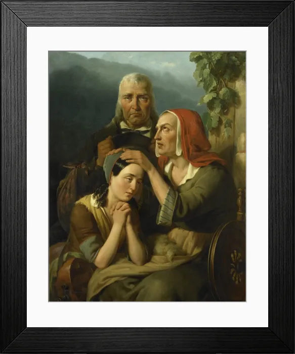 Framed Print : A Mother's Blessing, by Moritz Calisch, 1844, Dutch painting, oil on canvas. Sentimental family group depicting a tearful mother blessing her daughter