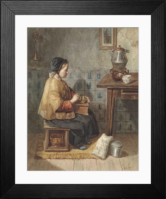 Framed Print : Girl Sitting on a Stove, Turning a Coffee Grinder, by Joseph de Groot, c. 1850-99, Dutch watercolor painting. Girl in patched clothing engaged in housework (BSLOC_2016_2_94) Framed Print : Girl Sitting on a Stove, Turning a Coffee Grinder, by Joseph de Groot, c. 1850-99, Dutch watercolor painting. Girl in patched clothing engaged in housework (BSLOC_2016_2_94)