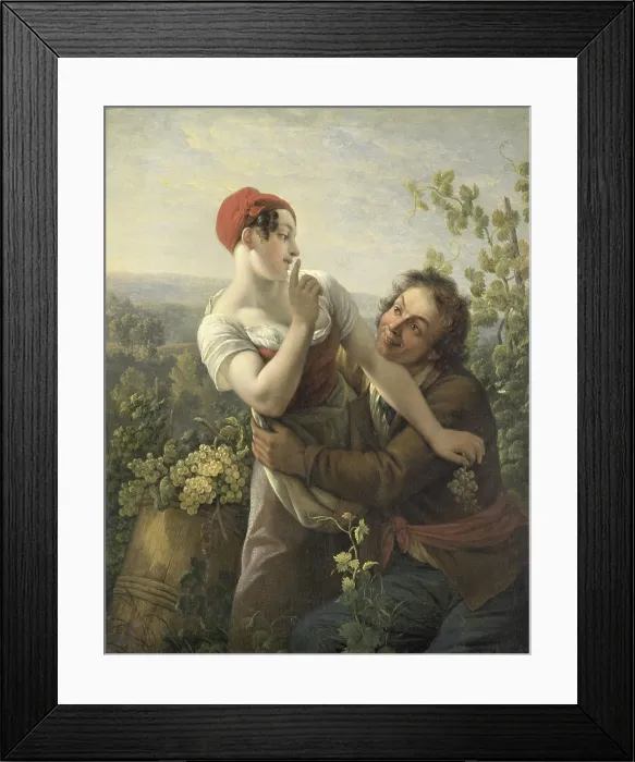 Framed Print : The Impassioned Grape Picker, by Peter Paul Joseph Noel, 1817-19, Dutch painting, oil on panel. Man embracing a smiling but resisting young woman in a vineyard (BSLOC_2016_2_95)