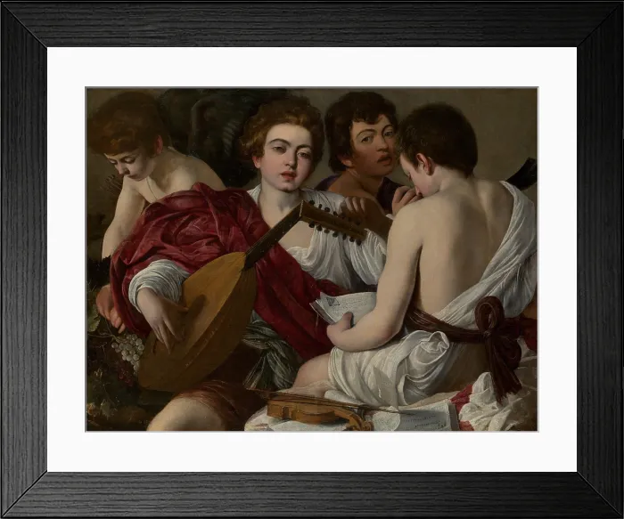 Framed Print : THE MUSICIANS, by Caravaggio, 1597, Italian painting, oil on canvas. In this allegory of music, the figures crowd the painting, and feel close to the viewer