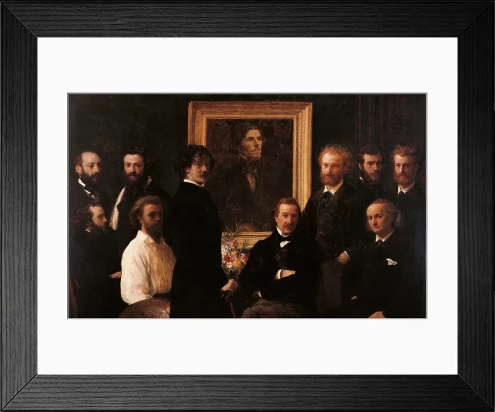 Framed Print : Homage to Delacroix, by Henri Fantin-Latour, 1864, 19th Century, oil on canvas - France, Paris, Muse d'Orsay. Whole artwork view. The painter with his colleagues in his study Framed Print : Homage to Delacroix, by Henri Fantin-Latour, 1864, 19th Century, oil on canvas - France, Paris, Muse d'Orsay. Whole artwork view. The painter with his colleagues in his study