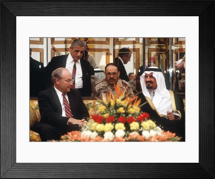 Framed Print : Secretary of Defense Dick Cheney meets with Prince Sultan Minister of Defense and Aviation of Saudi Arabia on Dec 1. 1990
