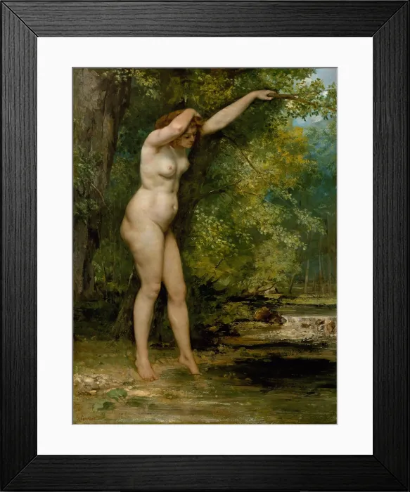 Framed Print : THE YOUNG BATHER, by Gustave Courbet, 1866, French painting, oil on canvas. Realistic nude without prettifying idealizations in a forest setting