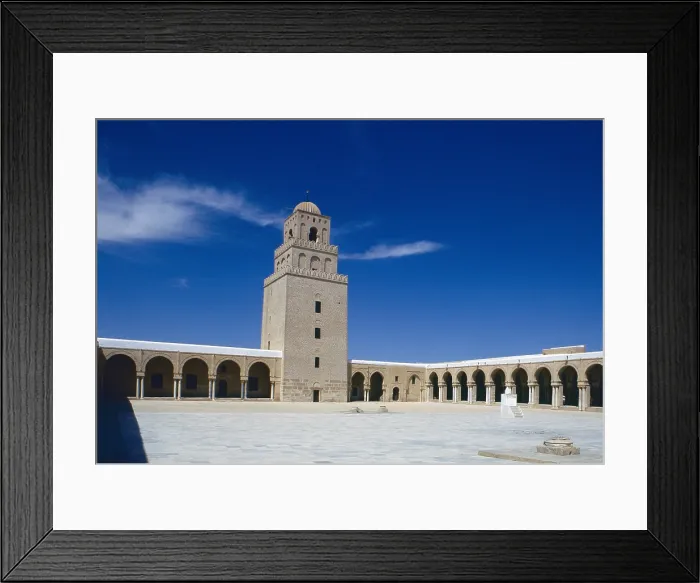Framed Print : Minaret and courtyard of Kairouan's Great Mosque, by Aghlabid craftmen, 836, 9th Century, brickwork and stones - Whole artwork view Framed Print : Minaret and courtyard of Kairouan's Great Mosque, by Aghlabid craftmen, 836, 9th Century, brickwork and stones - Whole artwork view