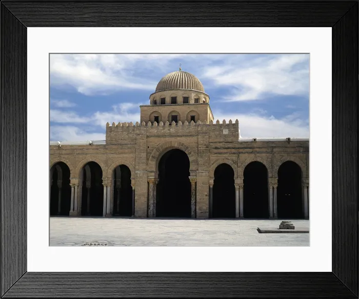 Framed Print : Outside of Prayer Hall at Kairouan's Great Mosque, by Aghlabid craftmen, from 836, 9th Century, brickwork and stones - Whole artwork view