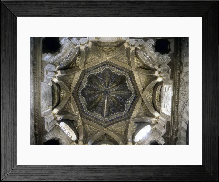 Framed Print : Interior View of the Mihrab Dome at the Great Mosque, by Mozarabic craftsmen, 11th Century, marble, carved stone and mosaic - Whole artwork view