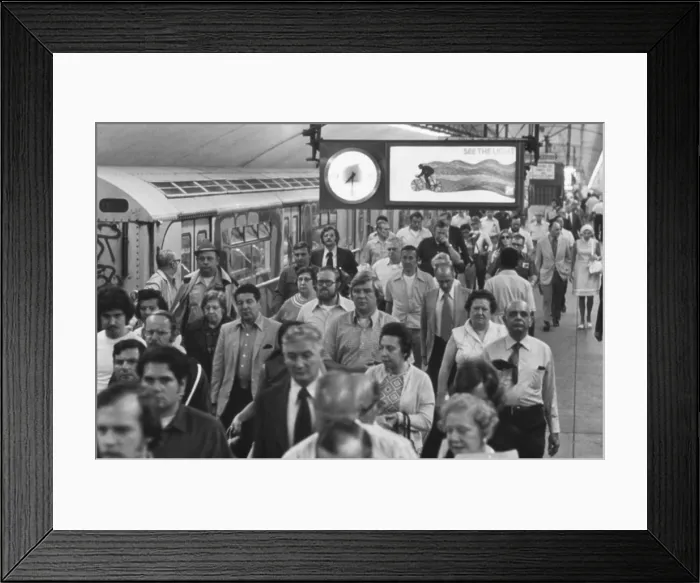 Framed Print : New York City Subway. Passengers exiting a train in the 1970s. Over 2 million people 47 of the 1970s workforce used the subway to get to work. May 1973