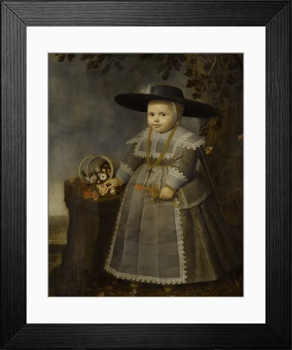 Framed Print : Portrait of a little Boy, by Willem van der Vliet, 1638, Dutch painting, oil on panel. 18 month old boy posed under a tree, holding a rattle Framed Print : Portrait of a little Boy, by Willem van der Vliet, 1638, Dutch painting, oil on panel. 18 month old boy posed under a tree, holding a rattle