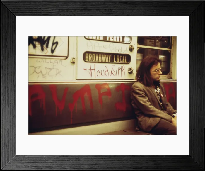 Framed Print : New York City Subway car interior covered with spray painted graffiti. May 1973