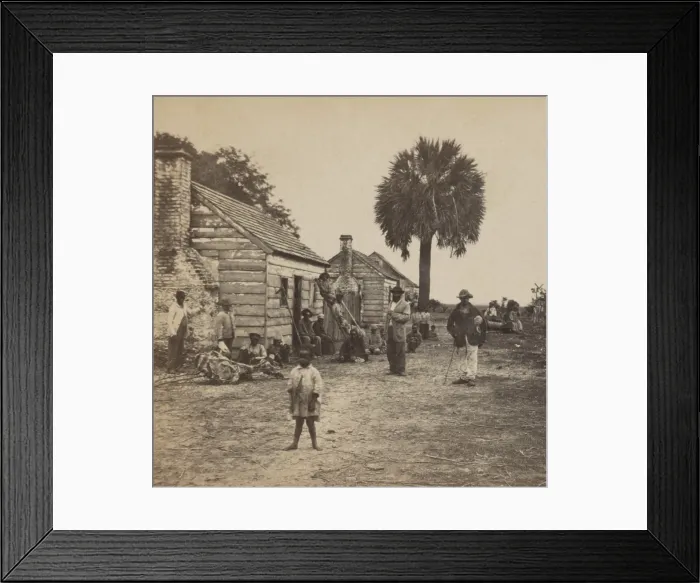 Framed Print : African American freedmen outside their living quarters on Fripp plantation on Saint Helena Island, SC, 1863-66 Framed Print : African American freedmen outside their living quarters on Fripp plantation on Saint Helena Island, SC, 1863-66