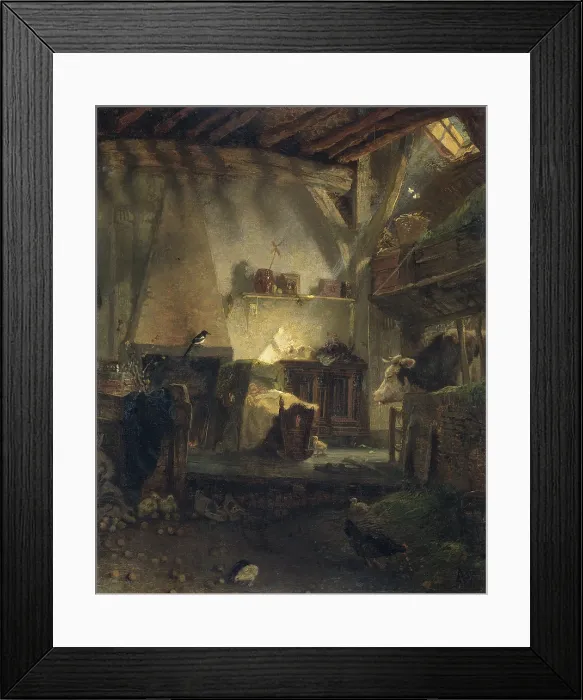Framed Print : Well-Guarded Infant, by August Allebe, 1867. Dutch painting, oil on canvas. Interior of a rustic farmhouse with a sunlit baby in a cradle surrounded by farms animals