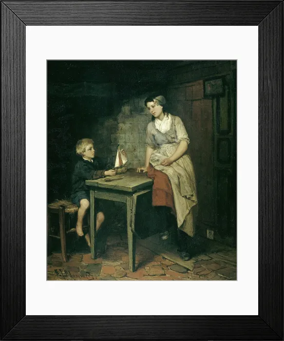 Framed Print : The Fisherman's Children, by Bernardus Johannes Blommers, 1868. Dutch painting, oil on panel. A boy plays with a toy boat while a young woman sits nearby