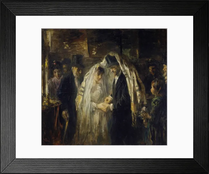 Framed Print : Jewish Wedding, by Jozef Israels, 1903, Dutch painting, oil on canvas. The bride and groom are under the prayer shawl, as he places the ring on her finger