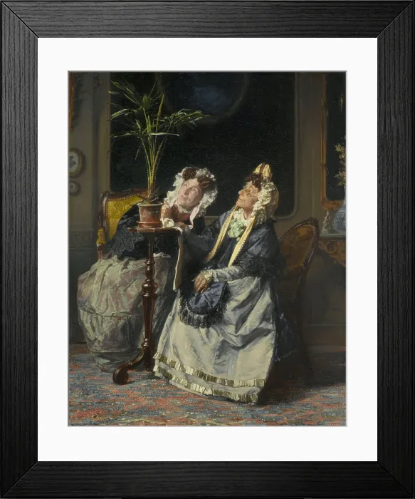 Framed Print : Under the Palms, by Alexander Hugo Bakker Korff, 1880, Dutch painting, oil on panel. Two old ladies looking up to admire their potted palm plant on a table (BSLOC_2016_2_96)