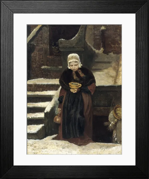 Framed Print : Life's Eventide, by August Allebe, 1863, Dutch painting, oil on panel. An old woman climbs snow covered steps from her basement dwelling