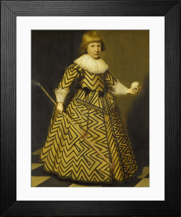 Framed Print : Portrait of a Boy with a Kolf Club, by Wybrand de Geest (I), 1631 Dutch painting, oil on panel. He wears an stunning gold and black zig-zag patterned child's dress Framed Print : Portrait of a Boy with a Kolf Club, by Wybrand de Geest (I), 1631 Dutch painting, oil on panel. He wears an stunning gold and black zig-zag patterned child's dress
