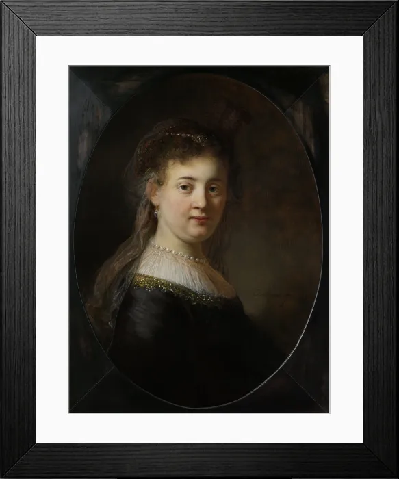 Framed Print : Young Woman in Fantasy Costume, by Rembrandt van Rijn, 1633, Dutch painting, oil on panel. The model for the painting is probably Rembrandt's wife Saskia van Cuylenburgh Framed Print : Young Woman in Fantasy Costume, by Rembrandt van Rijn, 1633, Dutch painting, oil on panel. The model for the painting is probably Rembrandt's wife Saskia van Cuylenburgh