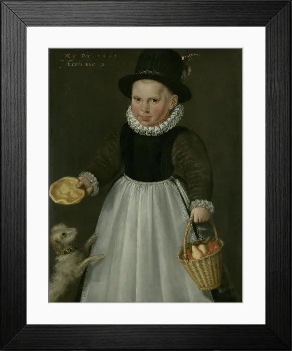 Framed Print : Portrait of a Little Boy, by Jacob Delff (I), 1581, Dutch painting, oil on panel. He holds a basket of fruit and a cake, while a dog jumps on him Framed Print : Portrait of a Little Boy, by Jacob Delff (I), 1581, Dutch painting, oil on panel. He holds a basket of fruit and a cake, while a dog jumps on him