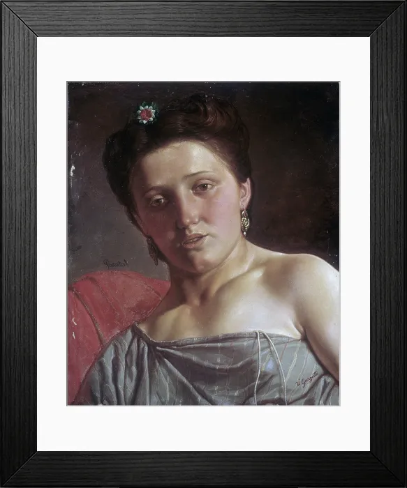 Framed Print : Portrait of a Young Woman, by Vincenzo Gazzotto, 1850 - 1899, 19th Century, oil on canvas - Private collection. Whole artwork view