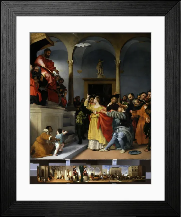 Framed Print : Stories of Saint Lucia or Saint Lucia in Front of the Court, by Lorenzo Lotto, 1532, 16th Century, oil on board - Italy, Marche, Jesi, Civic Collections. Whole artwork view Framed Print : Stories of Saint Lucia or Saint Lucia in Front of the Court, by Lorenzo Lotto, 1532, 16th Century, oil on board - Italy, Marche, Jesi, Civic Collections. Whole artwork view