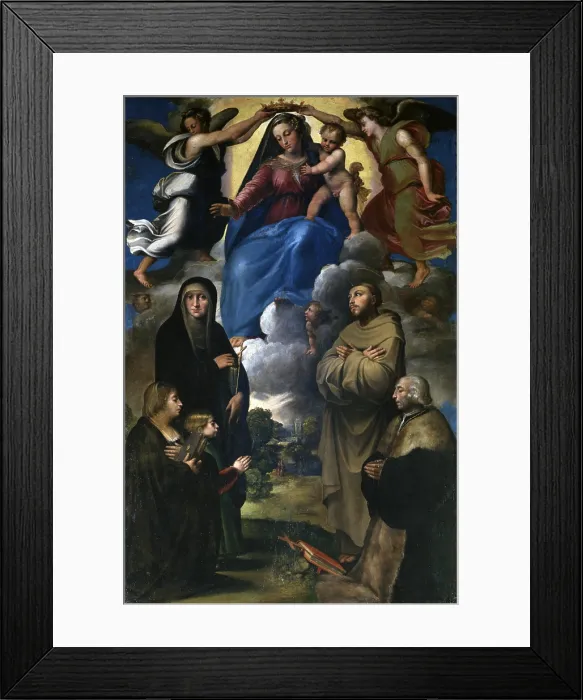 Framed Print : Virgin with Child in Glory Crowned by Angels with Saints Monica and Francis and two Clients, attributed to Bartolomeo Ramenghi also known as Bagnacavallo, 1500 - 1549