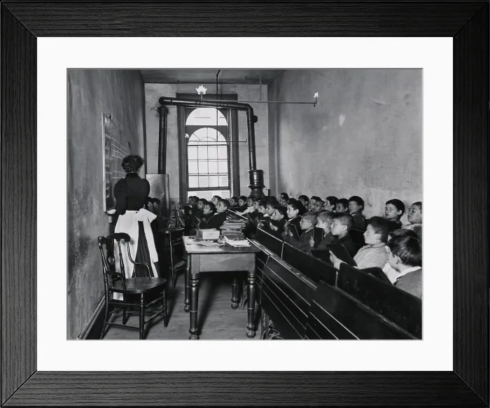 Framed Print : A class in the condemned Essex Market School on NYCs East Side with gas lighting. New Yorks exploding immigrant population caused crowding the public schools Framed Print : A class in the condemned Essex Market School on NYCs East Side with gas lighting. New Yorks exploding immigrant population caused crowding the public schools