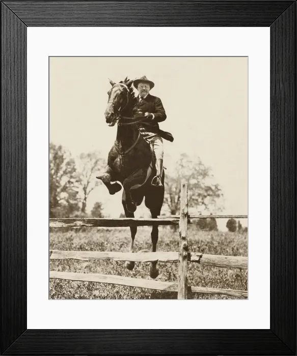Framed Print : President Theodore Roosevelt jumping on his charger, Bleistein, Chevy Chase Club, 1902