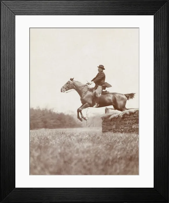 Framed Print : President Theodore Roosevelt, on horseback jumping over stone wall, at Chevy Chase Club, 1907. Photo by B.F. Clinedinst (BSLOC_2017_4_94) Framed Print : President Theodore Roosevelt, on horseback jumping over stone wall, at Chevy Chase Club, 1907. Photo by B.F. Clinedinst (BSLOC_2017_4_94)