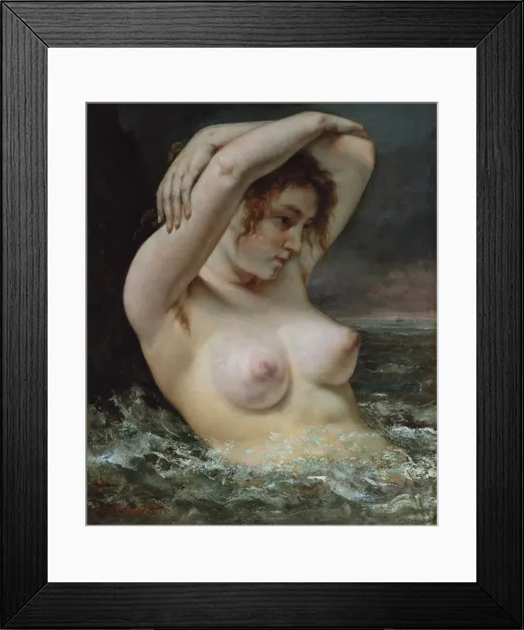 Framed Print : THE WOMAN IN THE WAVES, by Gustave Courbet, 1868, French painting, oil on canvas. Courbets nude in water alludes to the myth of Venus, who was born of the sea Framed Print : THE WOMAN IN THE WAVES, by Gustave Courbet, 1868, French painting, oil on canvas. Courbets nude in water alludes to the myth of Venus, who was born of the sea
