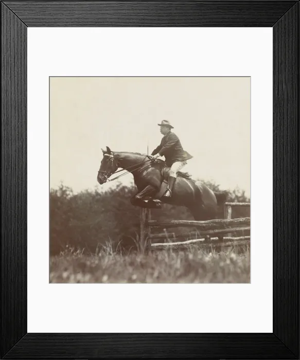 Framed Print : President Theodore Roosevelt, on horseback jumping over wood fences at Chevy Chase Club, 1907. Photo by B.F. Clinedinst (BSLOC_2017_4_95) Framed Print : President Theodore Roosevelt, on horseback jumping over wood fences at Chevy Chase Club, 1907. Photo by B.F. Clinedinst (BSLOC_2017_4_95)