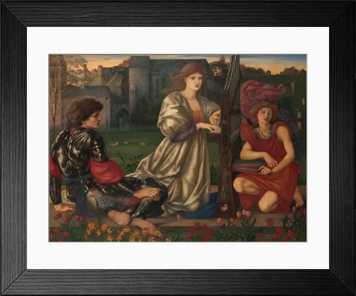 Framed Print : THE LOVE SONG, by Sir Edward Burne-Jones, 1868-77, British painting, oil on canvas. In center, a young woman kneels as she plays a small pipe organ