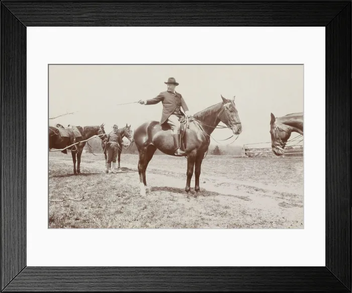 Framed Print : Theodore Roosevelt selecting a member of the outing party for the next jump over the hurdles. Chevy Chase Club, 1907. Photo by B.F. Clinedinst (BSLOC_2017_4_96)