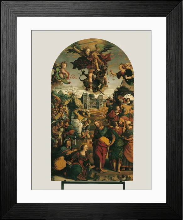 Framed Print : Raising of Lazarus and Fight between St Michael and the Devil, by Pompeo Morganti, 16th Century, - Italy, Marche, Pesaro-Urbino, Fano, Municipal Picture Gallery
