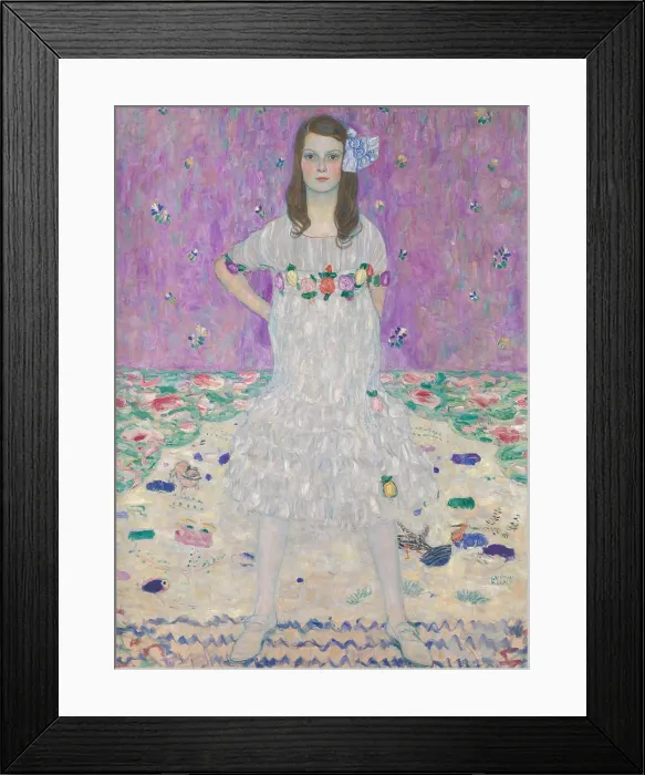 Framed Print : Mada Primavesi, by Gustav Klimt, 1912-13, Austrian Symbolist painting, oil on canvas. This portrait depicts a nine-year-old girl, standing before pastel colored patterns
