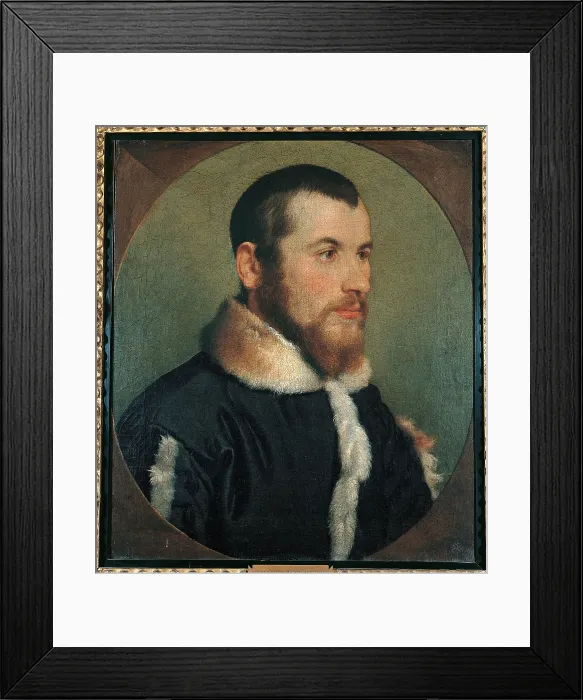 Framed Print : Portrait of a Gentleman, by Giovan Battista Moroni, about, 16th Century, - Italy, Lombardy, Milan, Brera art gallery. All. Portrait jacket fur young man face beard moustache