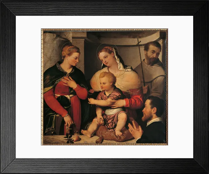 Framed Print : Madonna with Child and Saints Catherine, Francis and the Donor, by Giovan Battista Moroni, about, 16th Century, - Italy, Lombardy, Milan, Brera art gallery. All