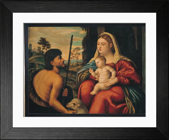 Framed Print : Madonna and Child with St John the Baptist, by workshop Licinio Bernardino, 16th Century, oil on canvas, - Italy, Lombardy, Milan, Brera Art Gallery. Full view