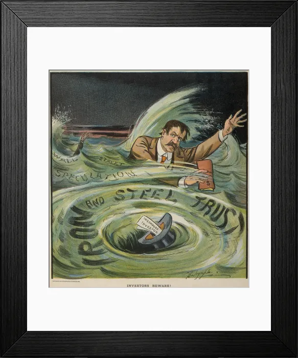 Framed Print : INVESTORS BEWARE Cartoon shows investors drowning in rough seas labeled Wall Street and Speculation and caught in a whirlpool labeled Iron