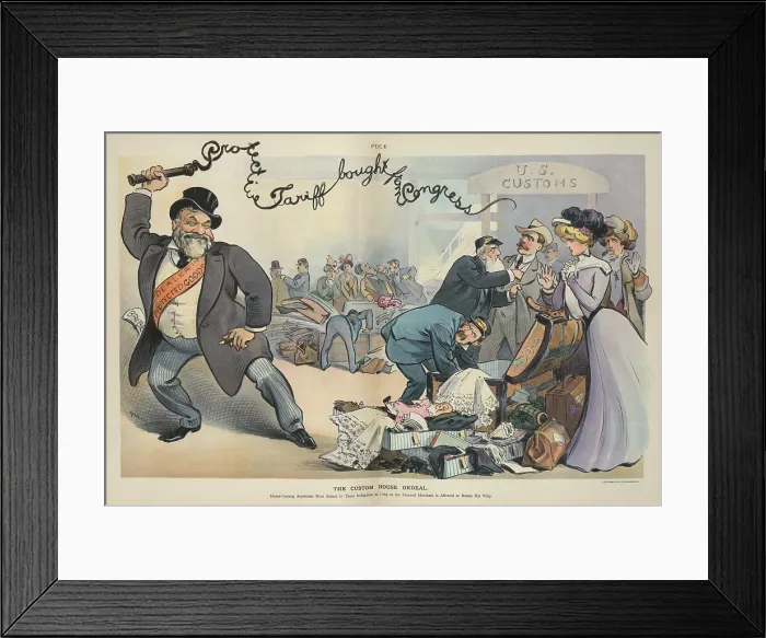 Framed Print : THE CUSTOM HOUSE ORDEAL. Cartoon against protective tariffs which caused American travelers to undergo customs inspections searching for undeclared goods purchased abroad