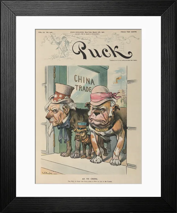 Framed Print : AS TO CHINA. Cartoon shows Uncle Sam John Bull and Japan as dogs guarding an open doorway China Trade'. European powers established economic zones that blocked U.S