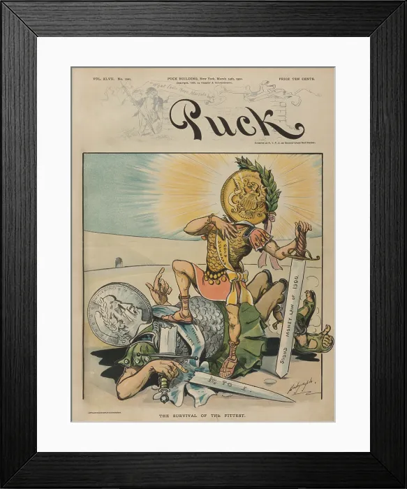 Framed Print : THE SURVIVAL OF THE FITTEST. Cartoon celebrating the victory of the gold standard against the populist inflation promoting silver standard