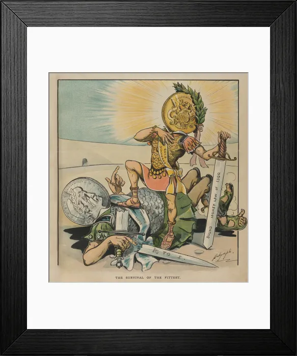 Framed Print : THE SURVIVAL OF THE FITTEST. Cartoon celebrating the victory of the gold standard against the populist inflation promoting silver standard