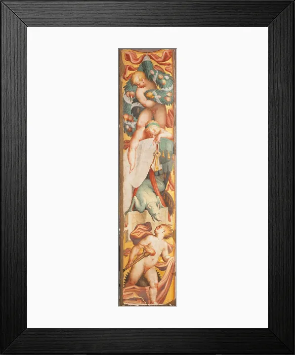 Framed Print : Putti holding fruits, keys, torch and a dragon, by Bernardino Campi, 16th Century, detached fresco transferred to canvas, cm 259 x 56 - Italy, Lombardy, Milan, Brera Art Gallery