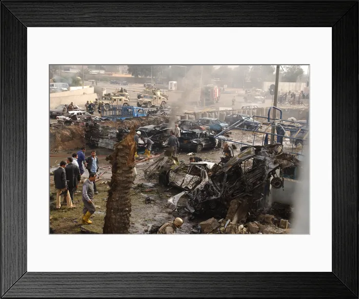 Framed Print : Destruction caused by a car bomb detonated outside an Iraqi police station near the Al-Rasheed Hotel in Baghdad Iraq on Dec. 4 2004. (BSLOC_2011_3_8) Framed Print : Destruction caused by a car bomb detonated outside an Iraqi police station near the Al-Rasheed Hotel in Baghdad Iraq on Dec. 4 2004. (BSLOC_2011_3_8)
